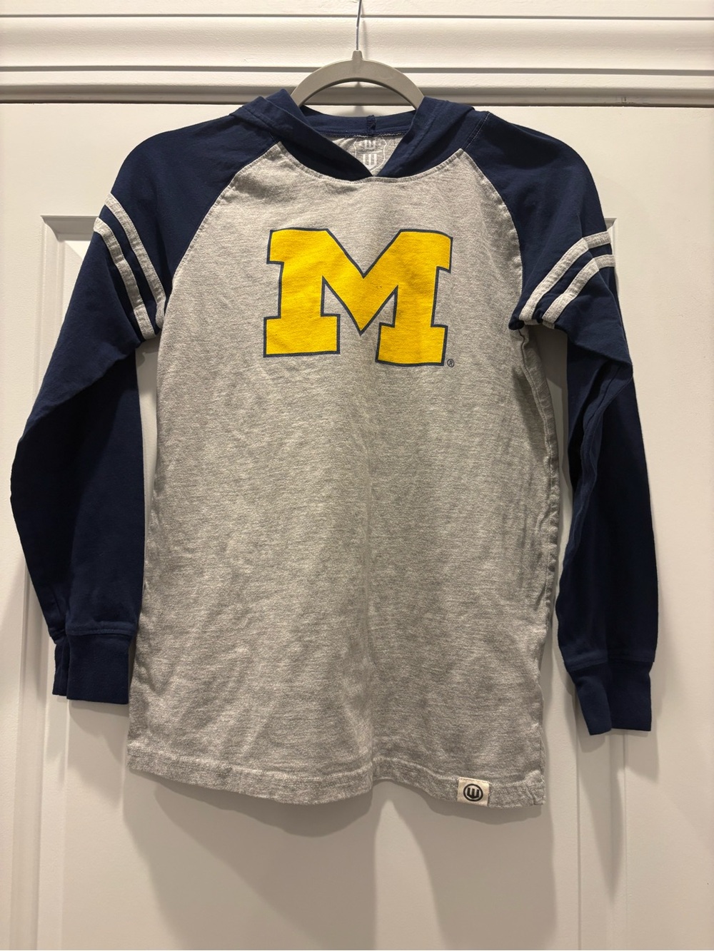 University of Michigan Youth Hooded Long-Sleeve Raglan Tee - Gray & Navy